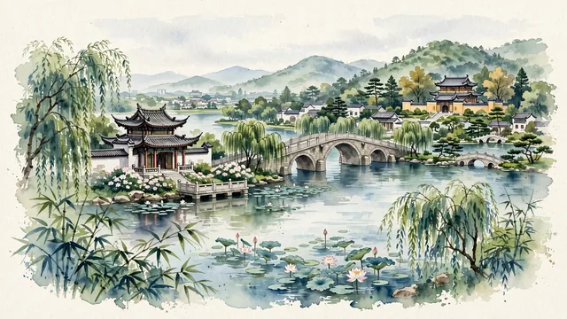 Watercolour of Fuzhou (Jiangxi), China. Fuzhou in Jiangxi along the Fuhe River, the legendary "Hometown of Talents" and cradle of Tang Xianzu's The Peony Pavilion, with Peony Pavilion and Wenchang Bridge.