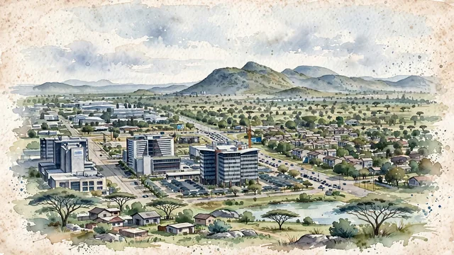 Watercolour of Gaborone, Botswana. Broad, believable view of the low-rise capital in its open semi-arid landscape with Kgale Hill nearby. Featuring Kgale Hill.
