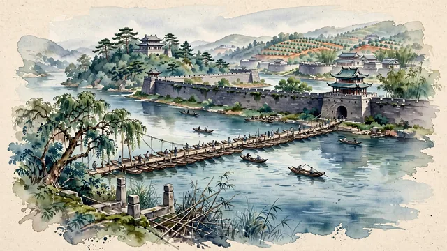 Watercolour of Ganzhou, China. The "Cradle of Hakka Culture" where the Zhang and Gong rivers merge to form the Gan River, featuring the Song Dynasty pontoon bridge and brick city walls, with Song Dynasty Ancient Pontoon Bridge and Song Dynasty Ancient City Wall of Ganzhou.