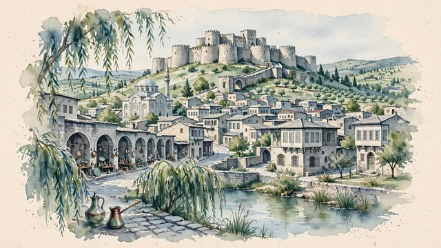 Watercolour of Gaziantep, Turkey. Centered around its ancient hilltop fortress (Gaziantep Kalesi) and the historic copper bazaars along the Alleben Stream, with Gaziantep Castle and Bey.