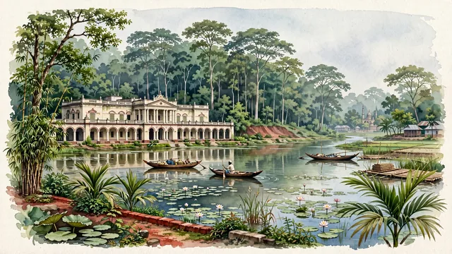 Watercolour of Gazipur, Bangladesh. Along the Turag River, centered on the ancient Sal forest of Bhawal National Park and the historic Bhawal Rajbari estate, with Bhawal Rajbari and Bhawal National Park.