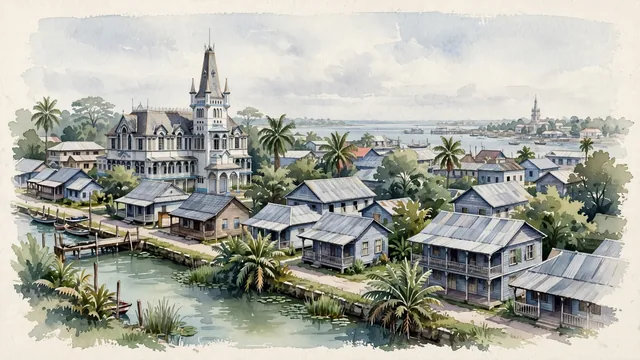 Watercolour of Georgetown, Guyana. Broad, flat coastal view of the tropical city’s canals, wooden houses, and low urban skyline, with St. George’s Cathedral.