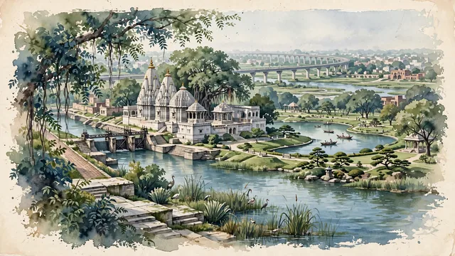 Watercolour of Ghāziābād, India. Ghaziabad along the Hindon River and Upper Ganges Canal, the ancient gateway city of Western Uttar Pradesh home to the historic Dudheshwar Nath Temple and Swarna Jayanti Park, with Dudheshwar Nath Temple and Upper Ganges Canal.