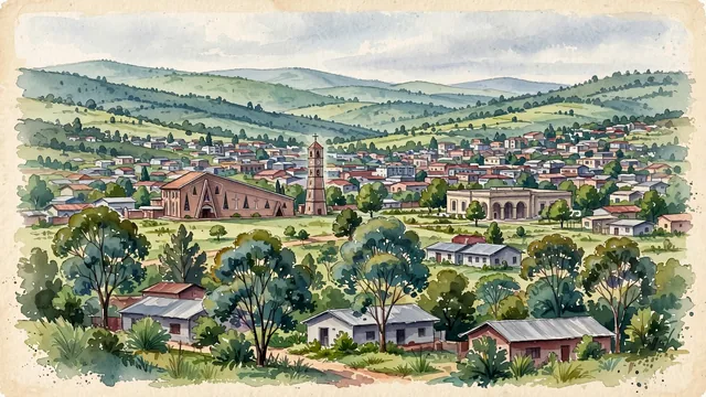 Watercolour of Gitega, Burundi. Broad view of Burundi’s political capital on its green central plateau, with rolling hills surrounding the low-rise city. Featuring Cathedral of Christ the King.