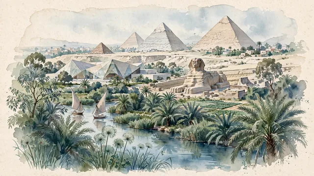 Watercolour of Giza, Egypt. On the west bank of the Nile, home to the Giza Plateau, the Great Pyramids, the Great Sphinx, and the Grand Egyptian Museum, with Pyramids of Giza and Great Sphinx.