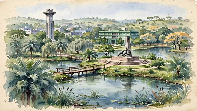 Watercolour of Goiânia, Brazil. On the Brazilian Central Plateau (Planalto Central), the planned Art Deco capital nestled in the Cerrado with Bosque dos Buritis and Flamboyant Park. Featuring Art Deco and Art Deco Clock Tower.