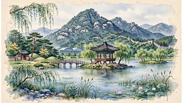 Watercolour of Goyang-si, South Korea. Goyang centered around Ilsan Lake Park and Bukhansan's northern granite ridges, with Ilsan Lake Park and Joseon-style.