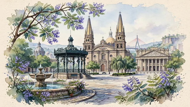 Watercolour of Guadalajara, Mexico. The "Pearl of the West" (La Perla de Occidente) in the Atemajac Valley, centered around the iconic Cathedral towers and the Hospicio Cabañas, with Plaza de la Liberación and UNESCO World Heritage Hospicio Cabañas.