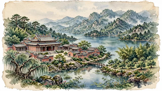 Watercolour of Guankou, China. Along the Houxi Stream and the foot of the Tianzhu Mountains, the ancient southern Fujian trading post and ancestral shrine of Baosheng Dadi (Fengshan Temple), with Fengshan Temple and Tianzhushan Reservoir.