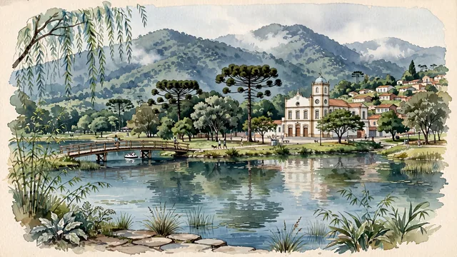 Watercolour of Guarulhos, Brazil. In the Upper Tietê River valley flanked by the Cantareira mountain range, centered around Bosque Maia and the historic Church of Our Lady of the Conception, with Bosque Maia and Cathedral of Our Lady of the Conception.