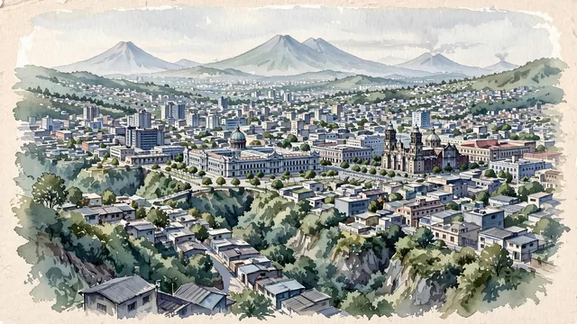 Watercolour of Guatemala City, Guatemala. Broad highland view of the capital’s dense neighborhoods and ravines, with volcanoes distant beyond the urban basin. Featuring National Palace.