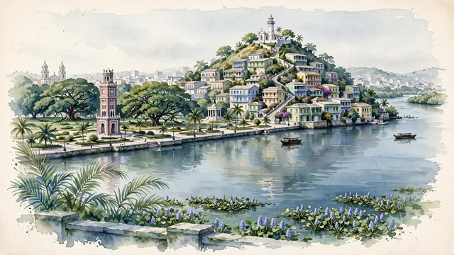 Watercolour of Guayaquil, Ecuador. The "Pearl of the Pacific" along the broad Guayas River, centered around the historic colorful hillside of Las Peñas and the Malecón 2000, with Las Peñas and Santa Ana Lighthouse.