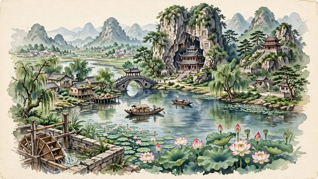 Watercolour of Guigang, China. The "Lotus City" along the Yu River (Yujiang) backed by Mount Nanshan and Mount Xishan, with Mount Xishan and Nanshan Temple.