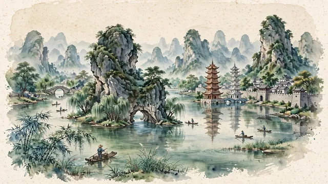 Watercolour of Guilin, China. Along the Li River (Lijiang) and Shanhu Lake, world-famous for its karst tower mountains, Elephant Trunk Hill, and the Sun and Moon Pagodas, with Elephant Trunk Hill and Sun and Moon Twin Pagodas.