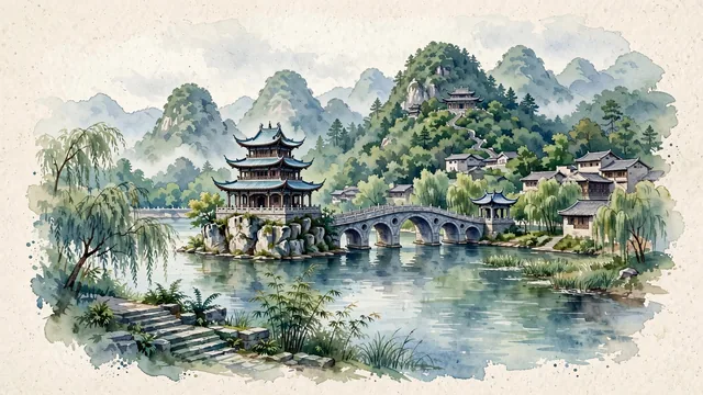 Watercolour of Guiyang, China. The "Forest City" nestled in the karst plateau along the Nanming River, centered around the iconic Jiaxiu Pavilion and Qianling Mountain, with Ming Dynasty Jiaxiu Pavilion and Fuyu Bridge.
