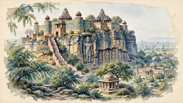 Watercolour of Gwalior, India. Centered on the impregnable cliff-top Gwalior Fort (the "Pearl of Indian Forts") and the Man Mandir Palace, with Man Mandir Palace and Urwahi Gate.