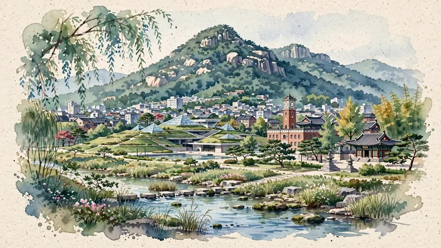 Watercolour of Gwangju, South Korea. The "City of Light" and democratic cultural capital of Honam nestled at the foot of Mount Mudeungsan, centered around Mudeungsan's columnar basalt joints and the Asia Culture Center, with Mudeungsan National Park and Asia Culture Center.