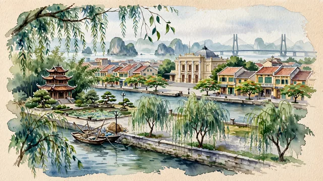 Watercolour of Haiphong, Vietnam. Along the Cam River and the Gulf of Tonkin, the "City of Red Poincianas" (Thành phố Hoa Phượng Đỏ) centered around the historic Opera House and French colonial quarters, with Haiphong Municipal Theatre and Tam Bạc River.