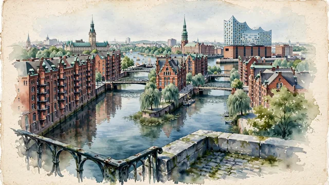 Watercolour of Hamburg, Germany. Along the Elbe River, Speicherstadt, and Binnenalster, featuring the Elbphilharmonie and historic red-brick warehouse canals, with UNESCO World Heritage Speicherstadt and Elbphilharmonie Hamburg.
