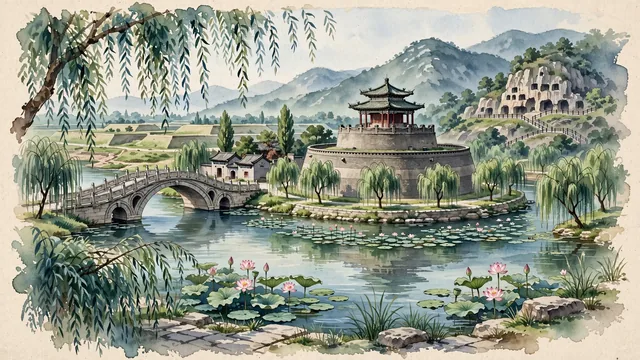 Watercolour of Handan, China. The ancient capital of the Warring States State of Zhao, centered on the ancient Wuling Congtai terrace and the Fuyang River, with Wuling Congtai and Xuebu Bridge.