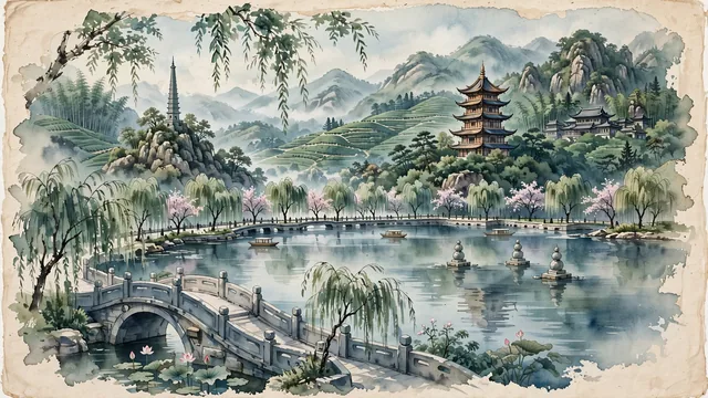 Watercolour of Hangzhou, China. Centered on UNESCO World Heritage West Lake (Xihu) with Leifeng Pagoda and the Broken Bridge. Featuring Leifeng Pagoda and Broken Bridge.