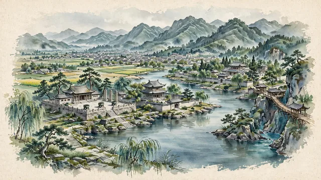 Watercolour of Hanzhong, China. In the fertile Hanzhong Basin along the Han River (Hanjiang) nestled between the Qinling and Daba Mountains, the cradle of the Han Dynasty and Three Kingdoms Shu-Han history, with Baijiangtai and Ancient Hantai.