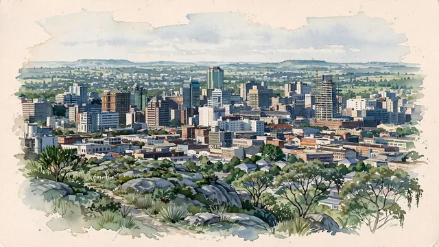 Watercolour of Harare, Zimbabwe. Broad, leafy view of the high-plateau capital, with its calm civic center and spreading residential canopy. Featuring Jacaranda-.