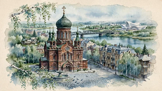 Watercolour of Harbin, China. The "Ice City" and "Oriental Moscow" along the Songhua River, centered around Saint Sophia Cathedral and Central Pedestrian Street, with Saint Sophia Cathedral and Central Pedestrian Street.