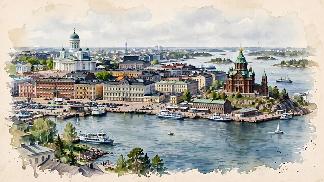 Watercolour of Helsinki, Finland. Broad Baltic waterfront view of the low-rise granite city, harbors, and islands under soft cool light, with Senate Square and Helsinki Cathedral.
