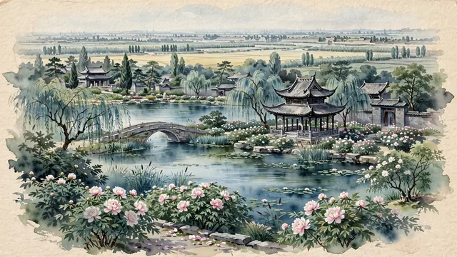 Watercolour of Heze, China. The "Peony Capital of China" (Zhongguo Mudan Zhi Du) on the ancient Yellow River plain, centered around the Caozhou Peony Garden and the historic Fangshan/Leize heritage, with Caozhou Peony Garden and Bailian Lake.