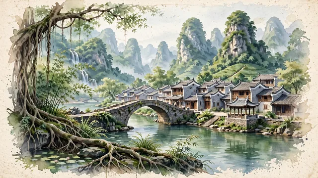 Watercolour of Hezhou, China. In eastern Guangxi along the Hejiang River, centered around the ancient Ming-Qing water town of Huangyao and the Guposhan forest mountains, with Huangyao Ancient Town and Dailong Bridge.
