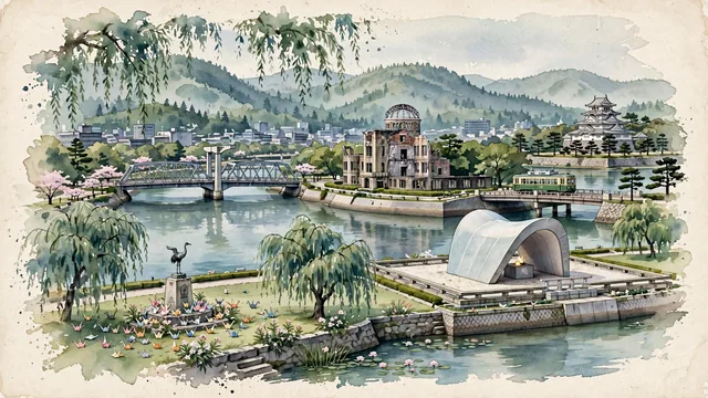 Watercolour of Hiroshima, Japan. Along the Motoyasu and Ota river delta centered around the Peace Memorial Park and the Atomic Bomb Dome, with UNESCO World Heritage Atomic Bomb Dome and Peace Memorial Park.