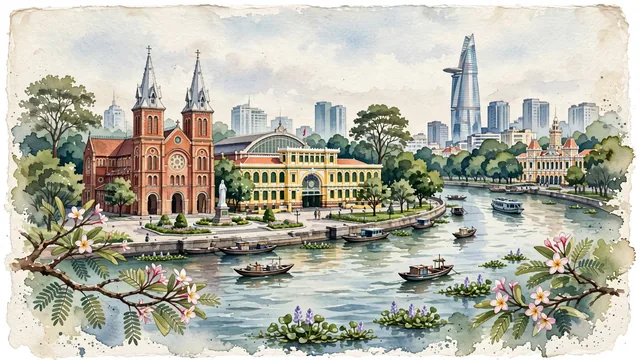 Watercolour of Ho Chi Minh City, Vietnam. Along the Saigon River and Paris Square, featuring Notre-Dame Cathedral, the Central Post Office, and the Bitexco Financial Tower, with Notre-Dame Cathedral of Saigon and Saigon Central Post Office.