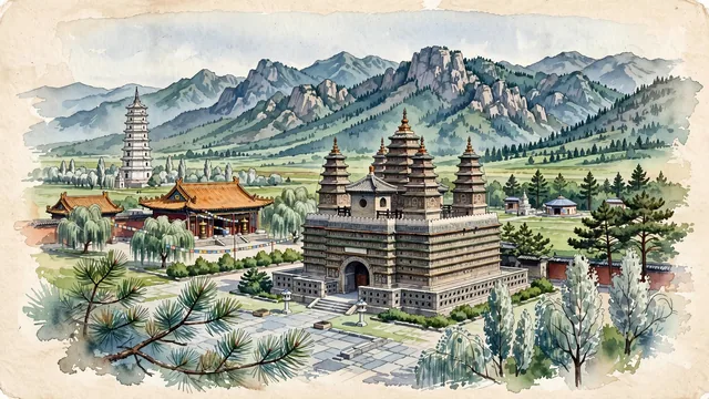 Watercolour of Hohhot, China. The "Blue City" on the Tumochuan Plain backed by the towering Daqing Mountains, centered around Dazhao Temple and the Five Pagoda Temple, with Five Pagoda Temple and Dazhao Temple.