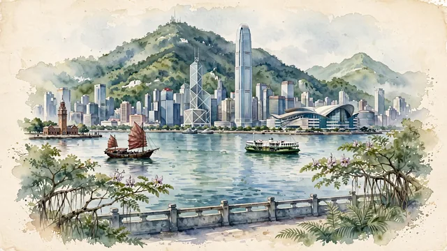 Watercolour of Hong Kong, Hong Kong. Real territory and cityscape of Hong Kong as accurately and recognizably as possible, with Victoria Harbour and Hong Kong Convention and Exhibition Centre.