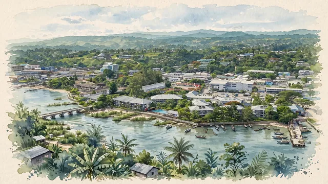 Watercolour of Honiara, Solomon Islands. Broad, low-scale view of the coastal capital along Guadalcanal, with green hills rising behind it. Featuring Mataniko River.