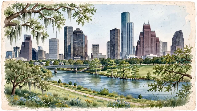 Watercolour of Houston, United States. Along Buffalo Bayou and the Buffalo Bayou Park greenway looking toward the downtown skyline, with Buffalo Bayou Park and Eleanor Tinsley Park.