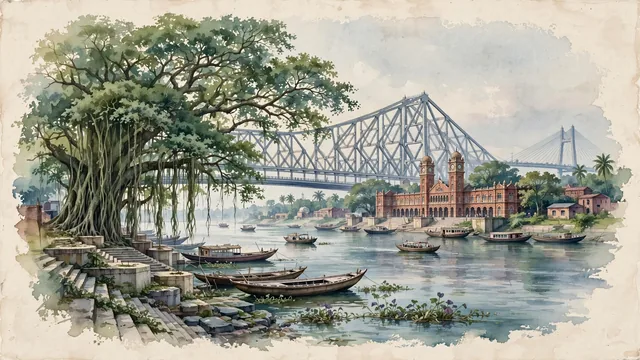 Watercolour of Howrah, India. Along the western bank of the Hooghly River, centered around the iconic Howrah Bridge, Howrah Railway Terminus, and the Great Banyan Tree of the Indian Botanic Garden, with Howrah Bridge and Howrah Railway Station.