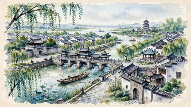 Watercolour of Huai'an, China. The historic "Canal Capital" where the Grand Canal and Ancient Huai River intersect, centered on the ancient town of Hexia, the Grand Canal locks, and Chuxiu Park, with Beijing-Hangzhou Grand Canal and Hexia Ancient Town.