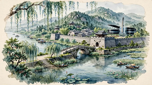 Watercolour of Huainan, China. Along the Huai River (Huaihe) and Mount Bagongshan, the historic birthplace of tofu and cradle of the Huainanzi, with Mount Bagong and UNESCO Tentative List Shouxian Ancient City Wall.