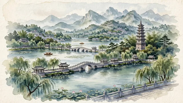 Watercolour of Huizhou, China. In the eastern Pearl River Delta along the Dongjiang River, centered around UNESCO-famed Huizhou West Lake and Mount Luofu, with Sizhou Pagoda and Su Causeway.