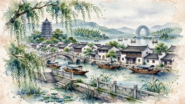 Watercolour of Huzhou, China. On the southern shore of Lake Tai (Taihu), the ancient water town of Nanxun and the historic Feiying Pagoda, with Feiying Pagoda and UNESCO.