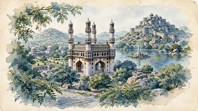 Watercolour of Hyderabad, India. On the Deccan Plateau along the Musi River and Hussain Sagar Lake, centered around the iconic Charminar and the colossal Golconda Fort, with Charminar and Golconda Fort.