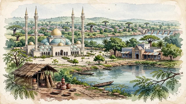 Watercolour of Ilorin, Nigeria. Along the Asa River, the historic Fulani-Yoruba gateway emirate centered around the Ilorin Central Mosque and the Emir's Palace, with Ilorin Central Mosque and Emir's Palace.