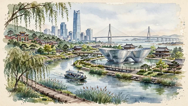 Watercolour of Incheon, South Korea. Along the Yellow Sea coast, centered around Songdo Central Park, the Incheon Grand Bridge, and historic Chinatown/Open Port quarter, with Songdo Central Park and Tri-Bowl.