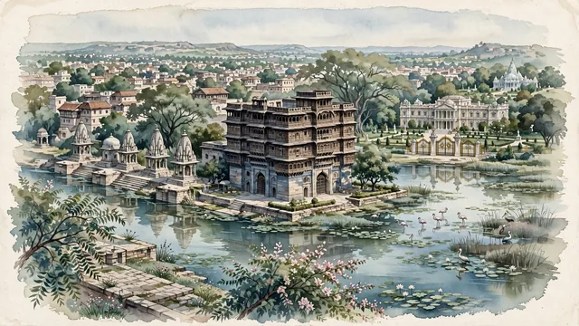 Watercolour of Indore, India. The historic Holkar capital on the Malwa Plateau along the Khan and Saraswati rivers, centered around the iconic Rajwada Palace and Lal Bagh Palace, with Rajwada Palace and Krishnapura Chhatris.