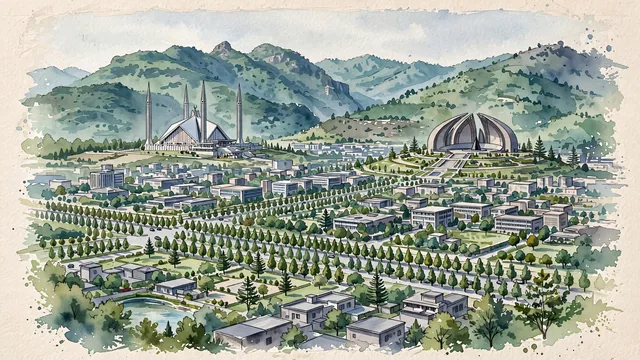 Watercolour of Islamabad, Pakistan. Broad view of the planned green capital stretching toward the Margalla Hills, with Faisal Mosque.
