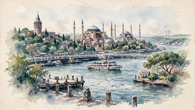 Watercolour of Istanbul, Turkey. Spanning the Bosphorus Strait and Golden Horn, centered around the iconic domes and minarets of Hagia Sophia and the Blue Mosque, the Galata Tower, and historic ferries, with Hagia Sophia and Blue Mosque.