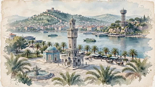 Watercolour of İzmir, Turkey. Along the Gulf of İzmir centered on Konak Square and its iconic Clock Tower, the Kordon waterfront promenade, and Kadifekale castle hill, with Konak Clock Tower and Yalı Mosque.