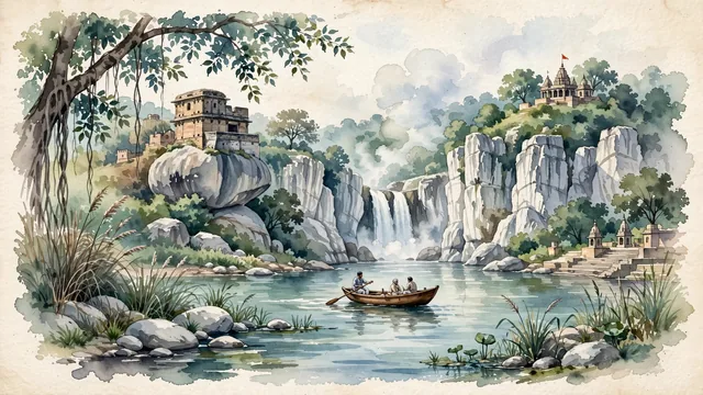 Watercolour of Jabalpur, India. Along the sacred Narmada River, world-famous for the towering Marble Rocks of Bhedaghat, the roaring Dhuandhar Falls, and the ancient Madan Mahal Fort, with Marble Rocks of Bhedaghat and Dhuandhar Falls.